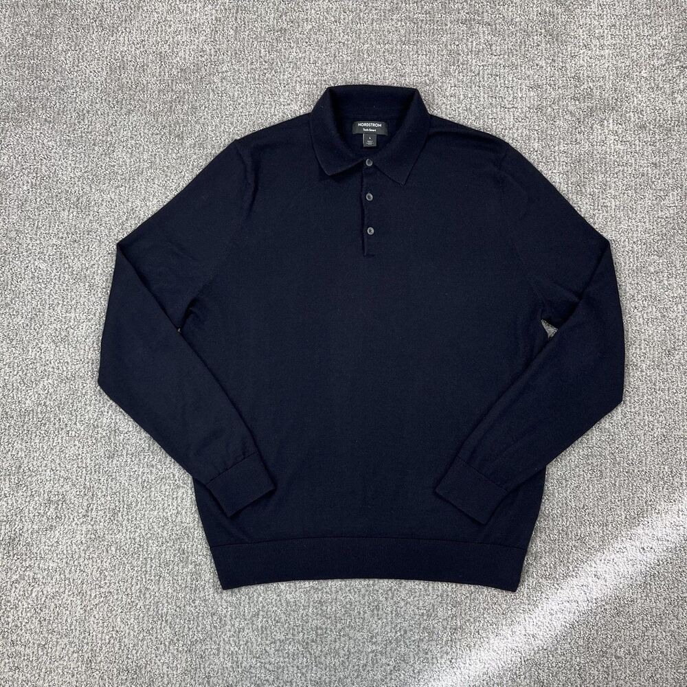 Nordstrom Sweater Men Large Navy Tech Smart Merino Wool Blend Polo Knit Pullover
